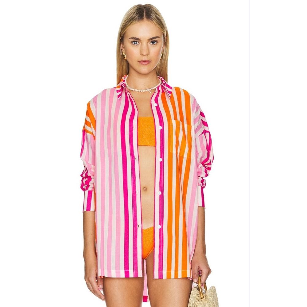 Beach Riot Alexa Sunset Stripe Button Down Swim Cover-Up Shirt Sz L Petite